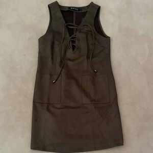 Olive Faux Suede Lace-Up Shift Dress with Patch Pockets